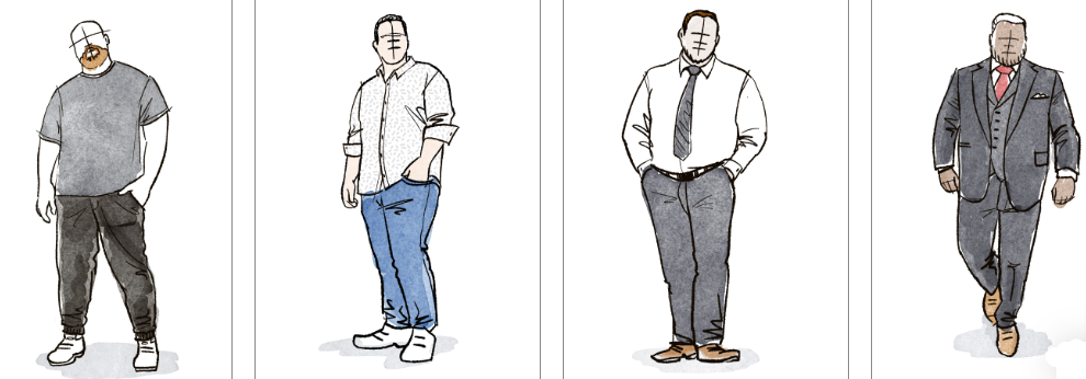 Drawing of men in different clothing styles that can be worn to different occasions