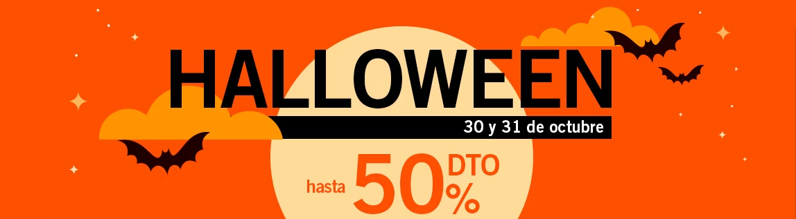 Fondo naranja con logo de halloween de color negro ofreciendo las mejores ofertas de halloween