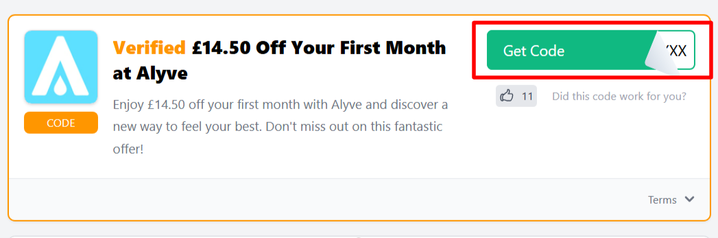 The Love Discount Vouchers page shows Alyve promo codes and offers to use on your purchase