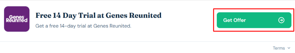 A Genes Reunited offer with "Get Offer" in a red box