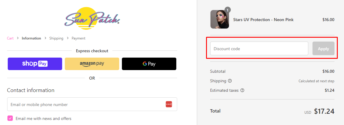 How do I use my Sun Patch discount code?