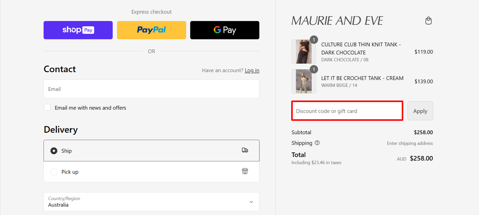 The highlighted red box at the brand checkout page is showing where to add the Maurie & Eve discount code.
