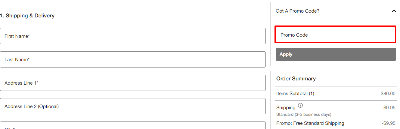 The brand checkout page with where to add the Vans coupon code is highlighted with a red box