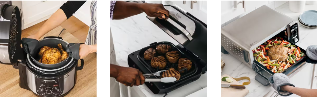 A display of the ninja foodi products in use cooking up a feast in a white background kitchen
