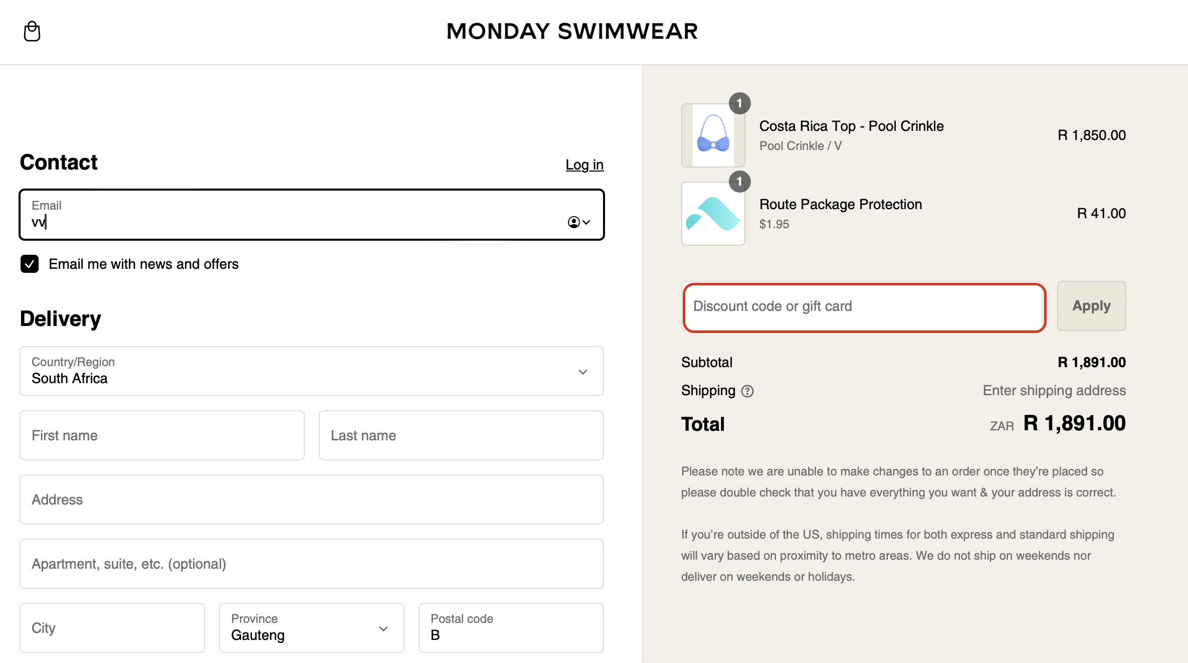 The highlighted red box at the brand checkout page is showing where to add the Monday Swimwear discount code.