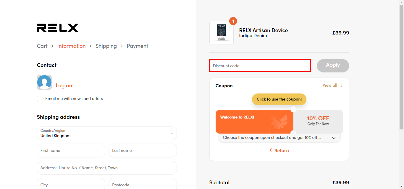 RELX discount code place highlighted with a red box on their checkout page