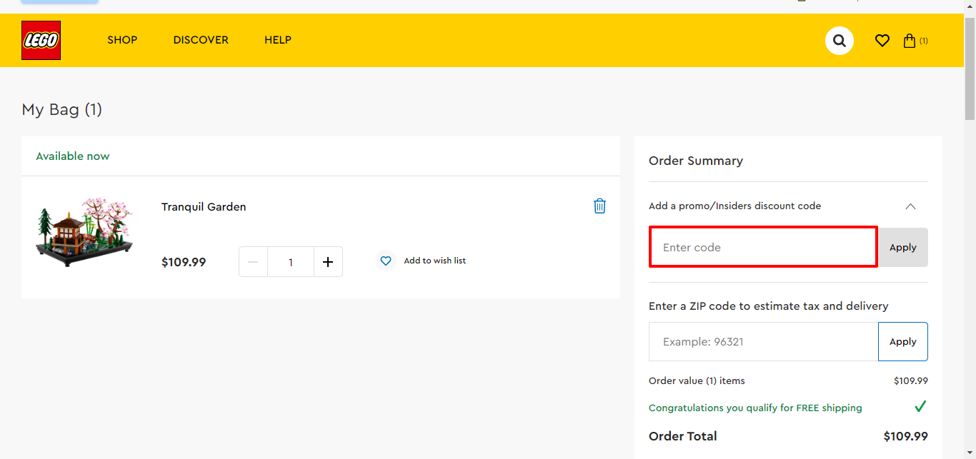 LEGO® promo code place highlighted with a red box on their checkout page