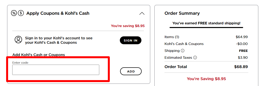 Product information with all pricing at the checkout and the Kohl's coupon code box in the red square box