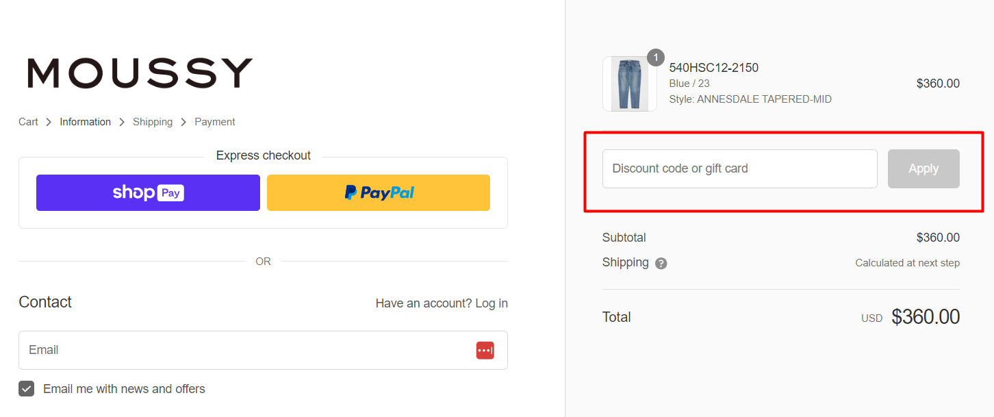 How do I use my Moussy coupon code?