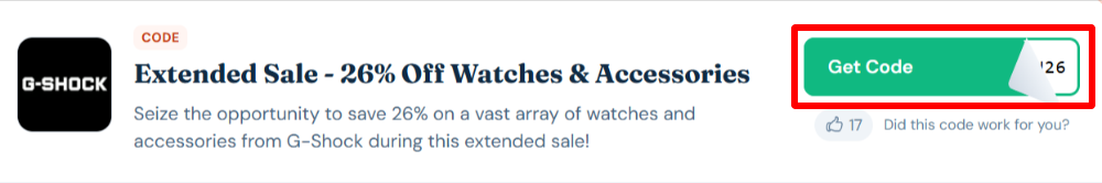 A G-Shock voucher code with "Get Code" in a red box