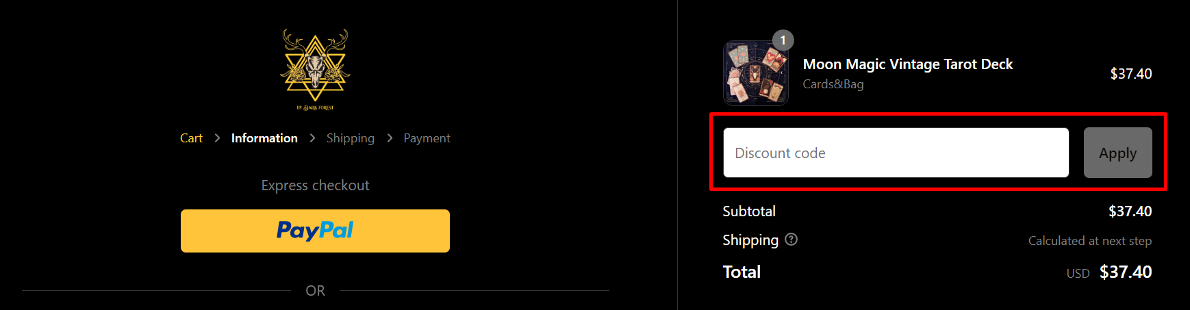 How do I use my Dark Forest Tarot Cards discount code?