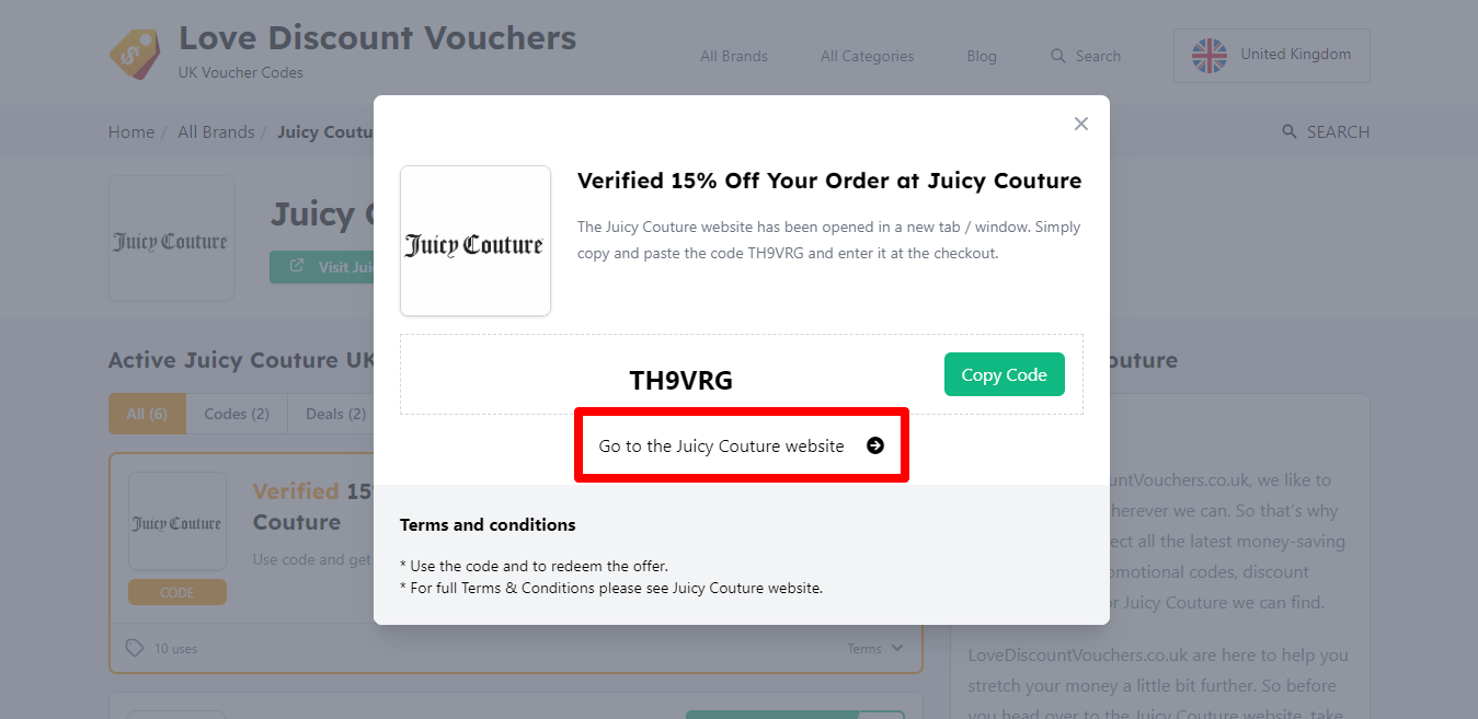 box hovering over a darkened background with a Juicy Couture voucher code and the “terms and conditions”