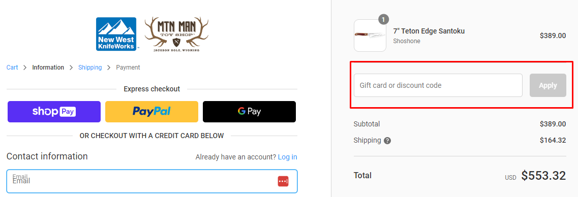 How do I use my New West KnifeWorks discount code?