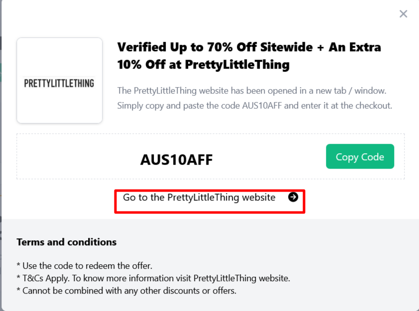 Box displayed on a darkened background of a PrettyLittleThing discount code with the terms and conditions showing