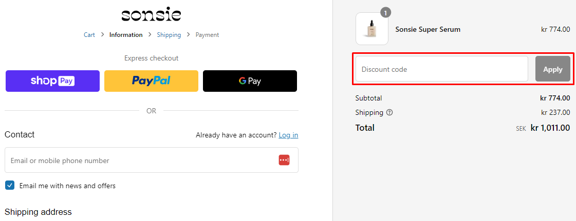 How do I use my Sonsie Skin discount code?