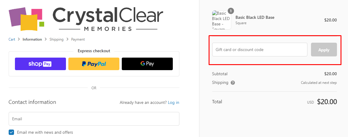 How do I use my Crystal Clear Memories discount code?