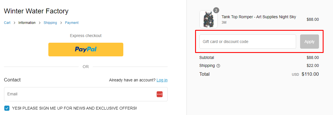 How do I use my Winter Water Factory discount code?