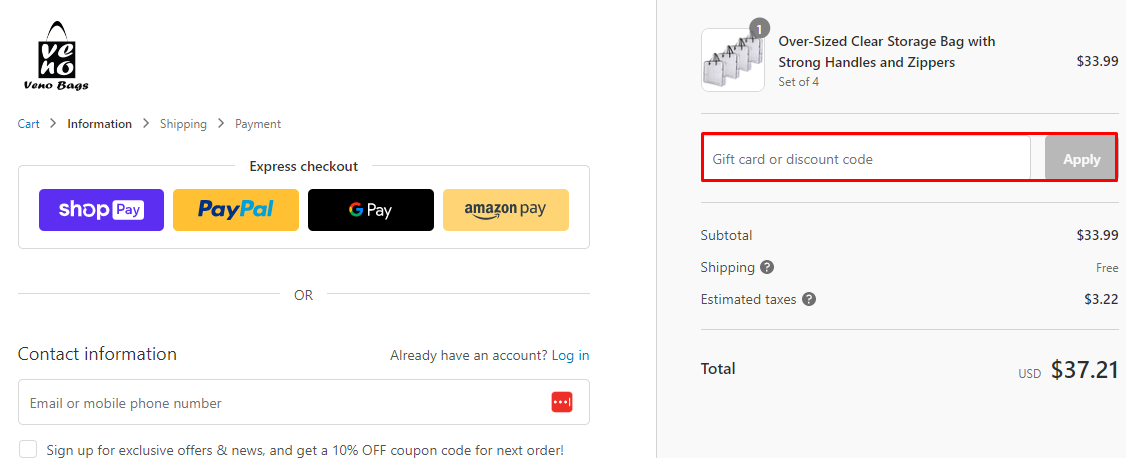How do I use my Veno discount code?