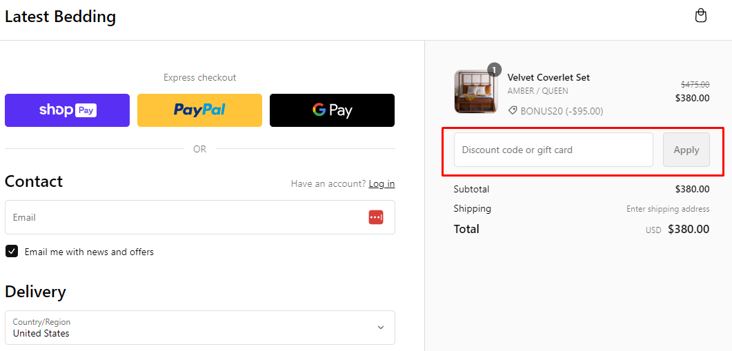 How do I use my Latest Bedding discount code?