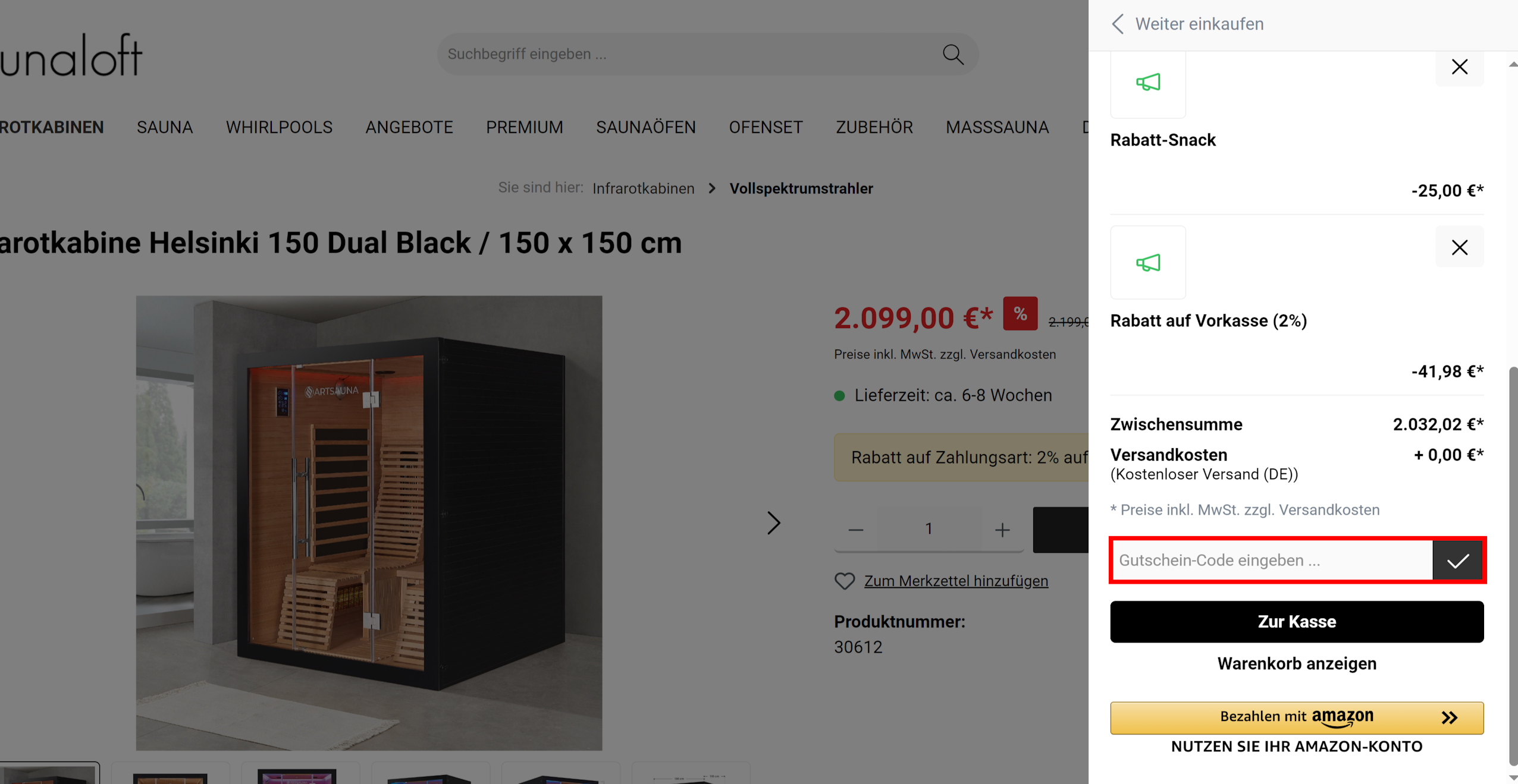 Der Warenkorb von Saunaloft mit rotmarkierter Stelle für den Saunaloft Gutscheincode