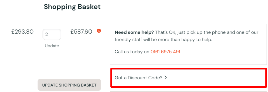 a Trade Price Flues discount code box marked in red where customers put their code for it to be redeemed