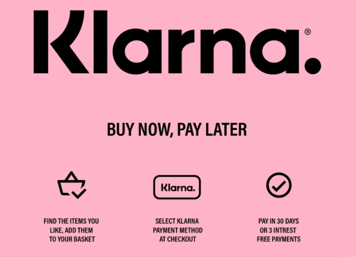 The word Klarna in big bold font at the top of how klarna works information in a pink background