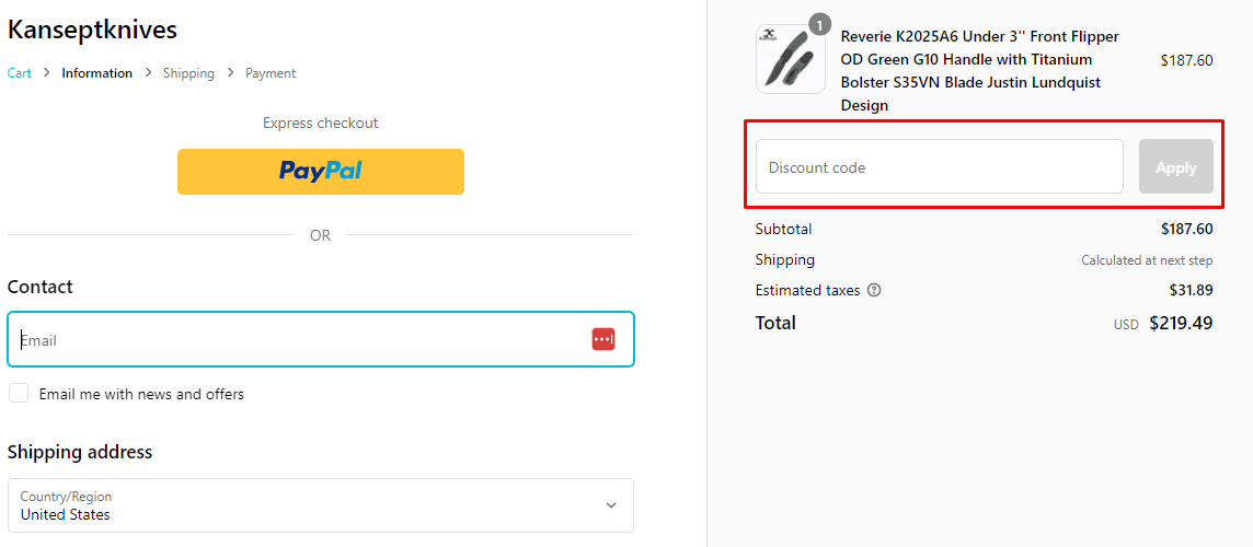 How do I use my Kansept Knives discount code?