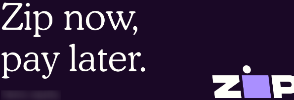 Message on the zip logo On the purple background, zip now and pay later