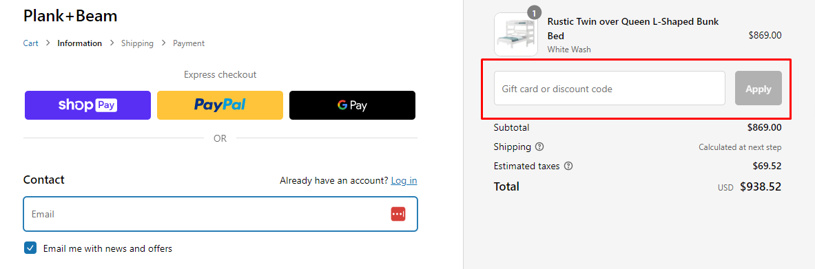 How do I use my Plank+Beam discount code?