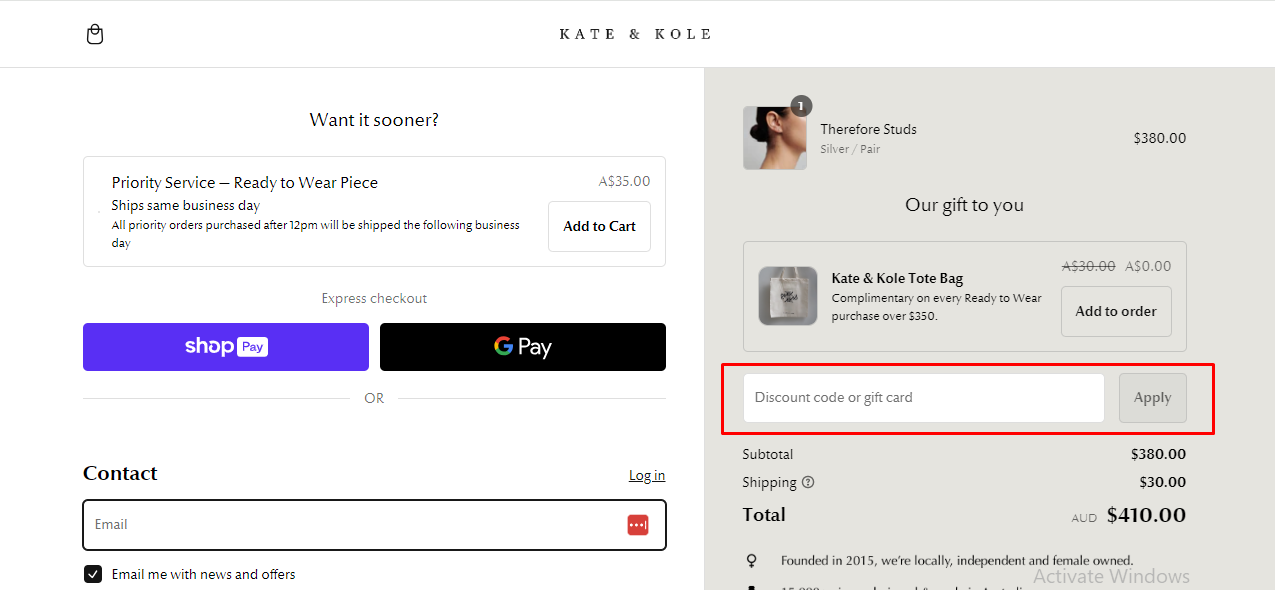 How do I use my Kate & Kole coupon code?