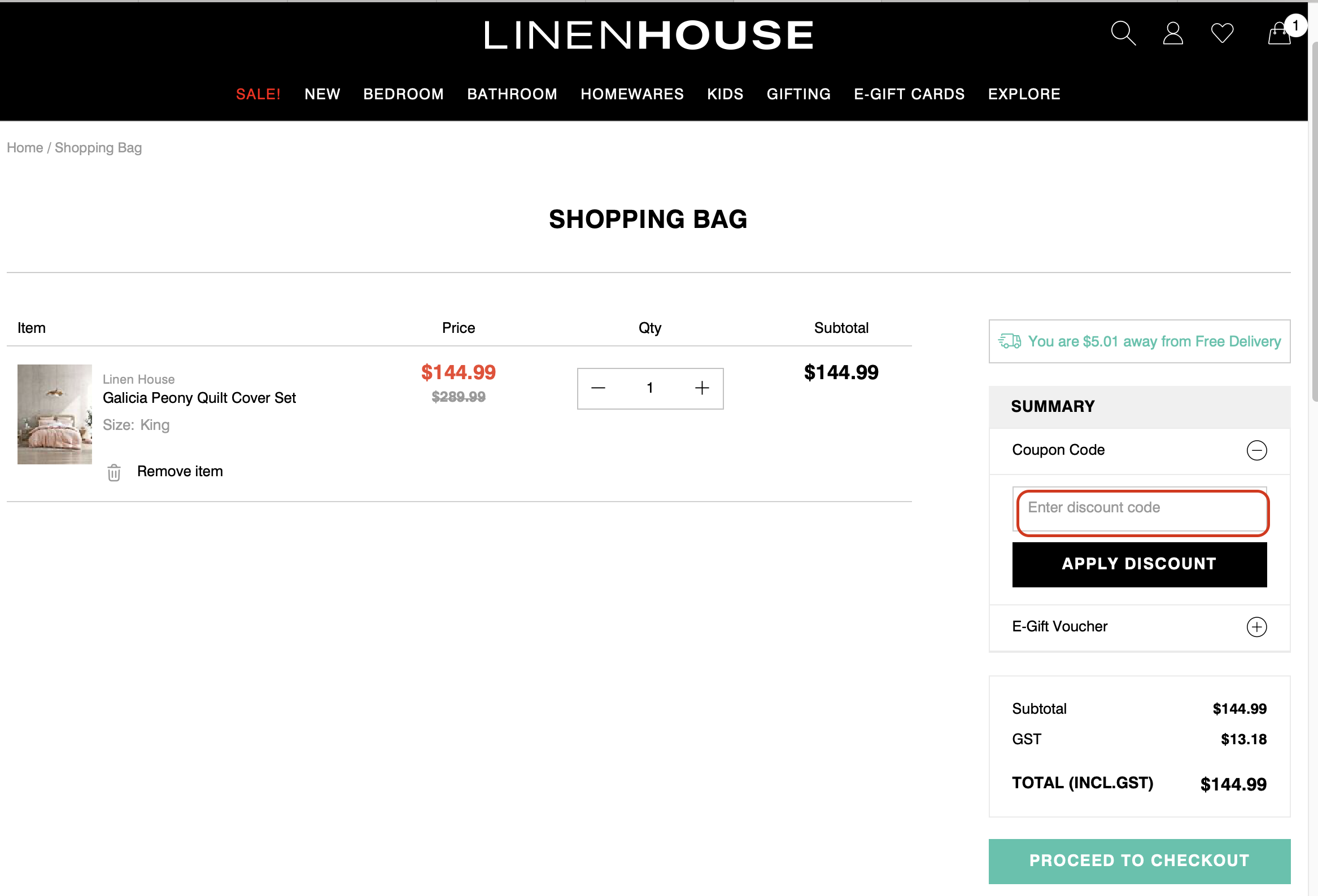 The highlighted red box at the brand checkout page is showing where to add the Linen House coupon code.