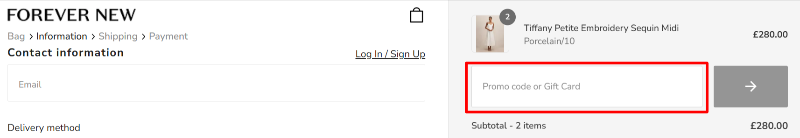 A checkout page showing a red highlighed box where you should paste your Forever New discount code