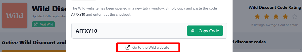 a highlighted link which customers can click after copying their Wild discount code