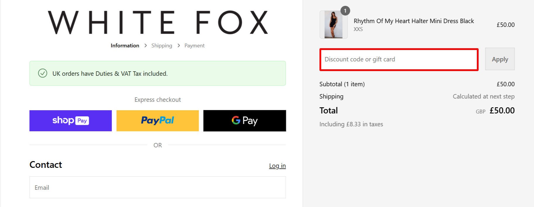 The checkout page showing where to apply your discount code