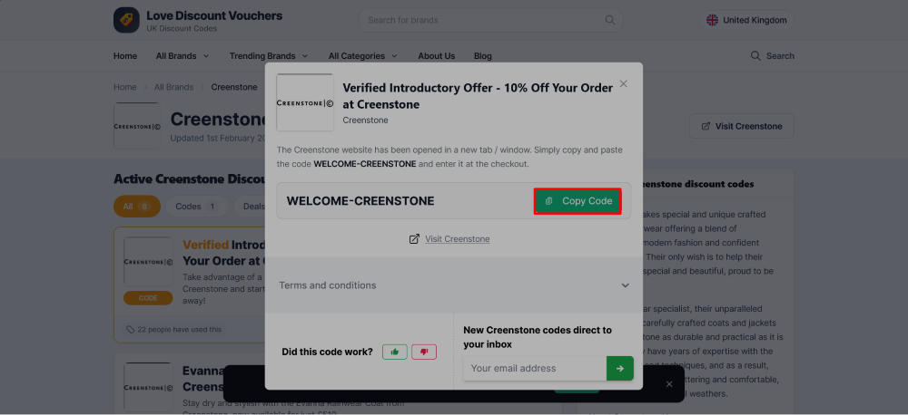 Creenstone Love Discount Vouchers page where a code is copied