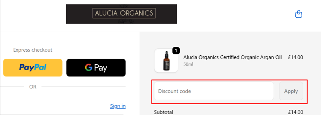 A box where you can add your Alucia Organics discount code to redeem it