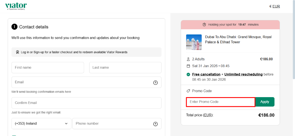 Viator discount code place highlighted by a red box