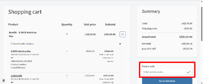 G DATA checkout page with an overview of your items
