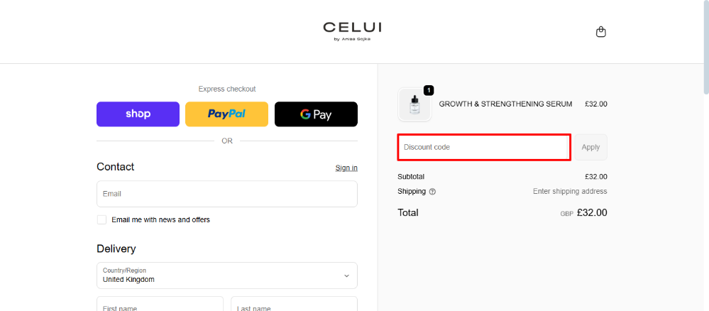 CELUI's checkout where you can see where to apply your CELUI voucher code
