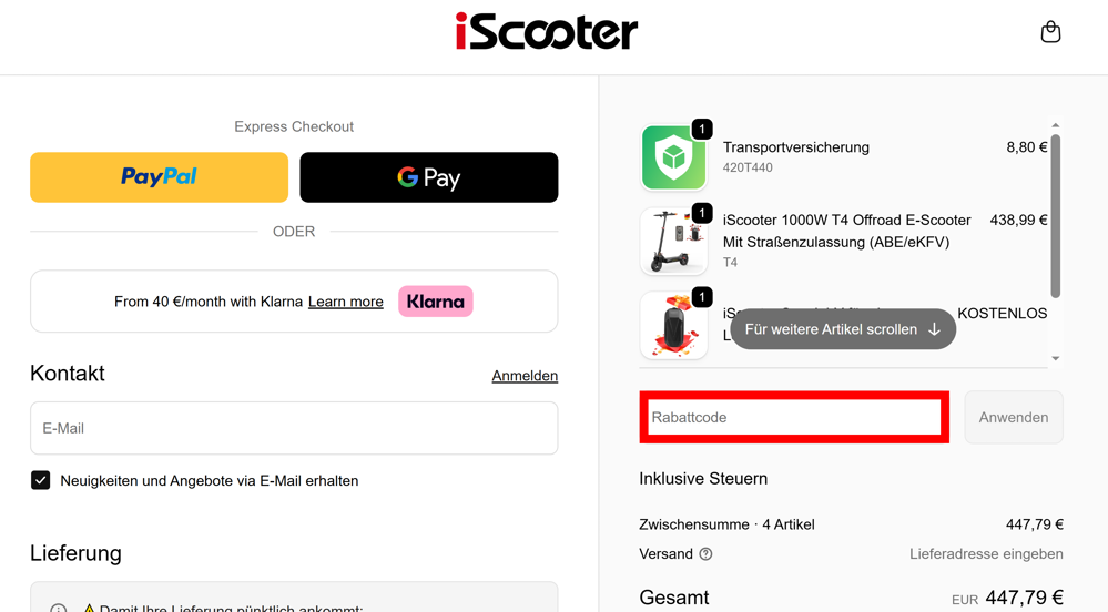 Checkout von iScooter mit rotmarkiertem Eingabefeld für den Gutscheincode