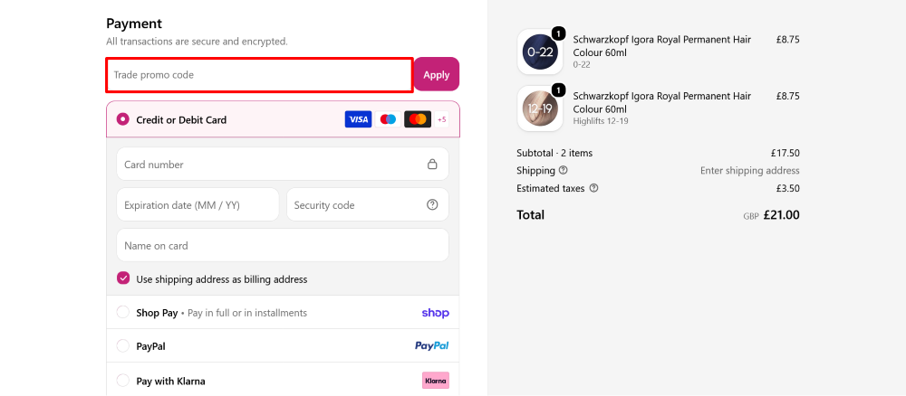 The checkout page for Hairdressing Supplies, where you paste the code