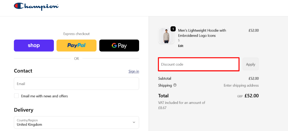 The checkout page shows where to apply your Champion discount code