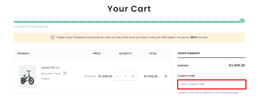 Enter your Engwe promo code and apply it to your order