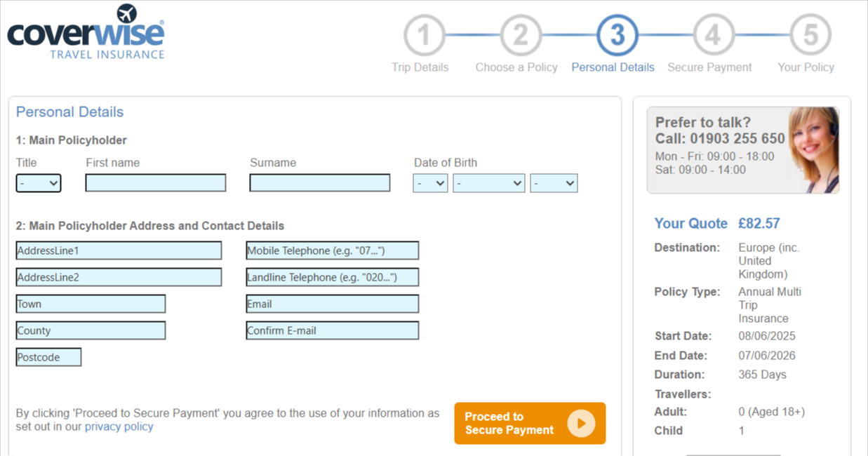 The Coverwise personal details page and the stages of purchasing
