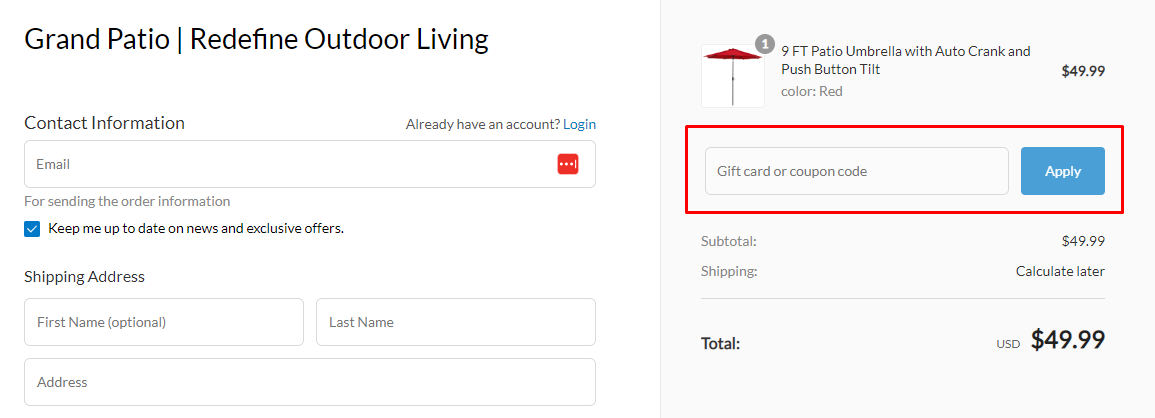 How do I use my Grand Patio coupon code?