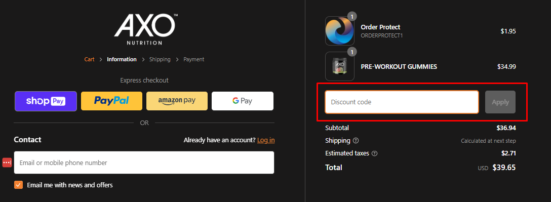 How do I use my AXO Nutrition discount code?