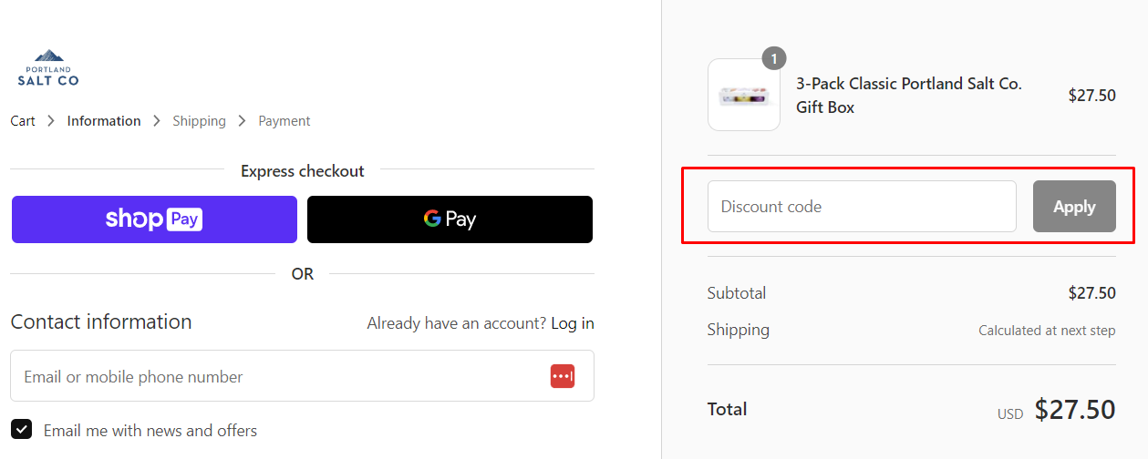 How do I use my Portland Salt Co discount code?