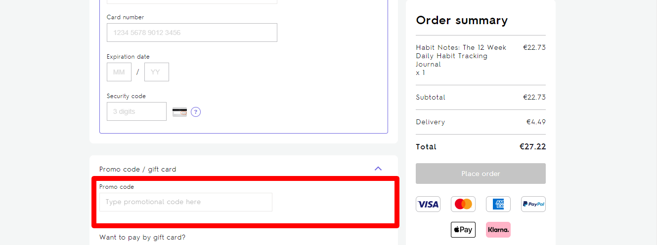 The brand checkout page with where to add the Not On The High Street voucher code is highlighted with a red box