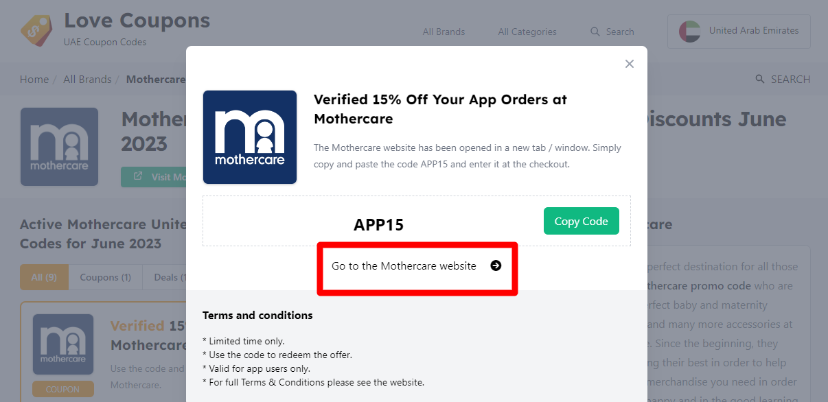 Box displayed on a darkened background of a Mothercare promo code with the terms and conditions showing