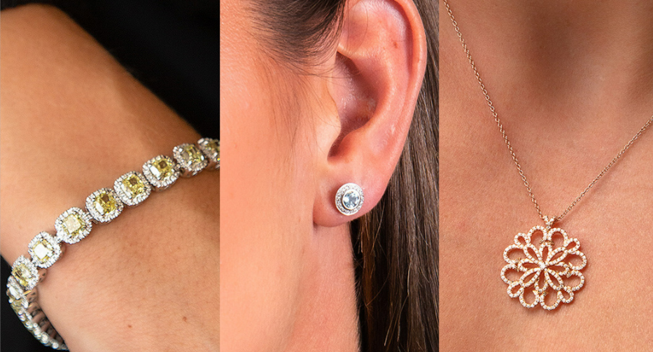 Purely Diamonds pieces from their different collections including a bracelet, floral necklace and round diamond cut 18 ct bracelet